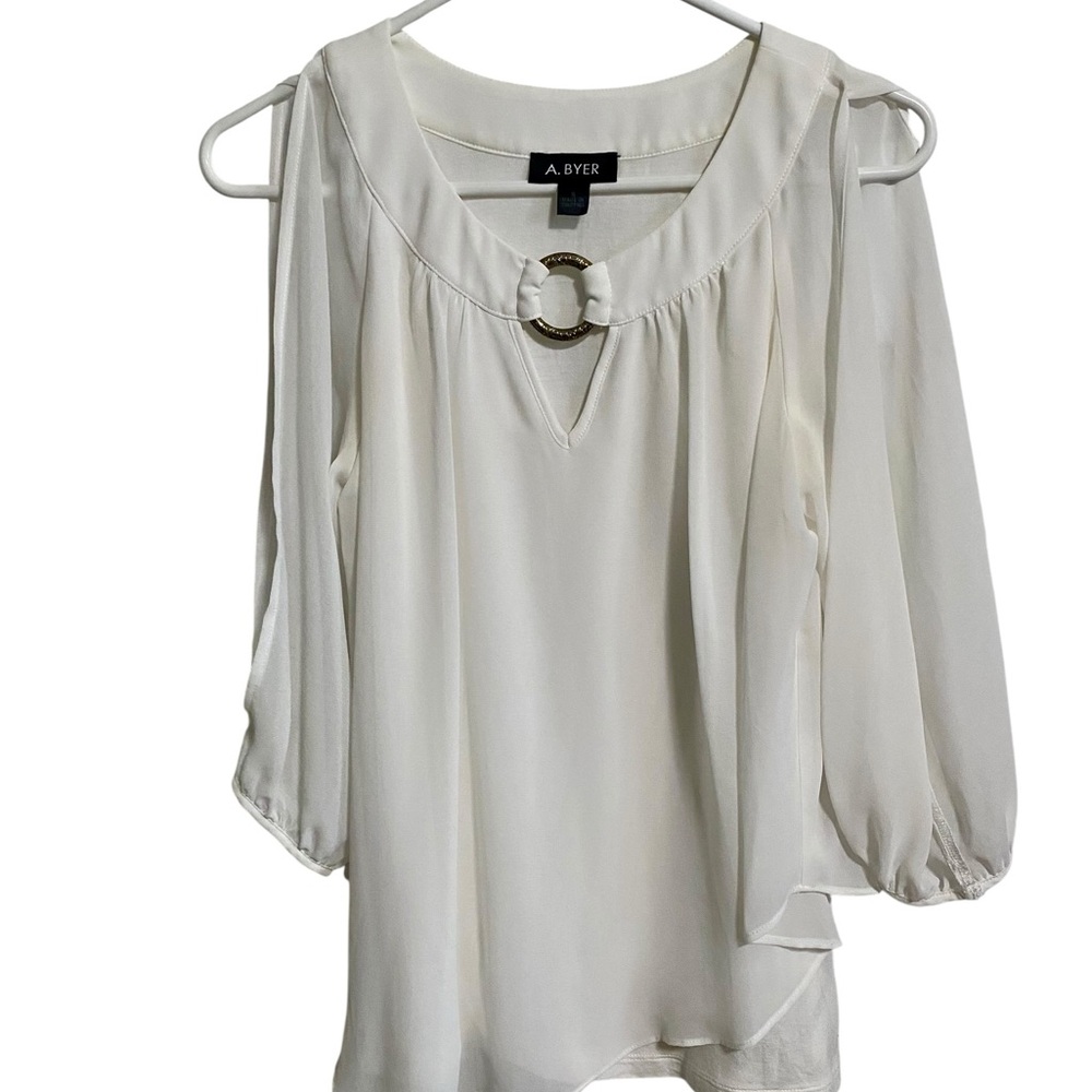 A. Byer Cream Cold-Shoulder Blouse with Ring Accent